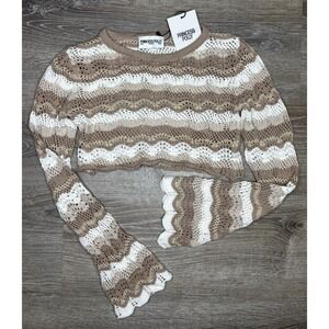 Princess Polly Women's Cropped‎ Long Sleeve Knit Shirt Sweater Beige White XS/2